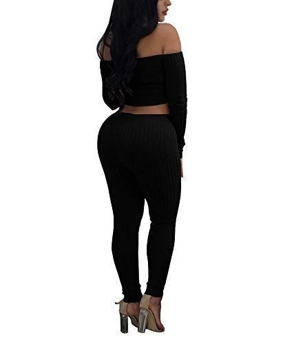 Women′s Sexy 2 Pieces off Shoulder Long Sleeve Crop Top Long Pant Bodycon Jumpsuit Skinny Black Medium