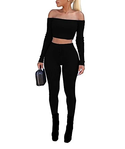 Women′s Sexy 2 Pieces off Shoulder Long Sleeve Crop Top Long Pant Bodycon Jumpsuit Skinny Black Medium