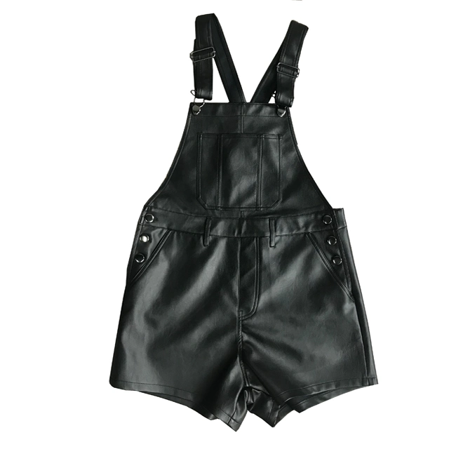 OEM Women′s Black PU1 Piece Overall Jumpsuit Shorts with Buckle