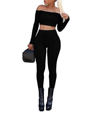 Macacão feminino sexy 2 peças ombro a ombro manga longa cropped calça comprida bodycon skinny preto médio