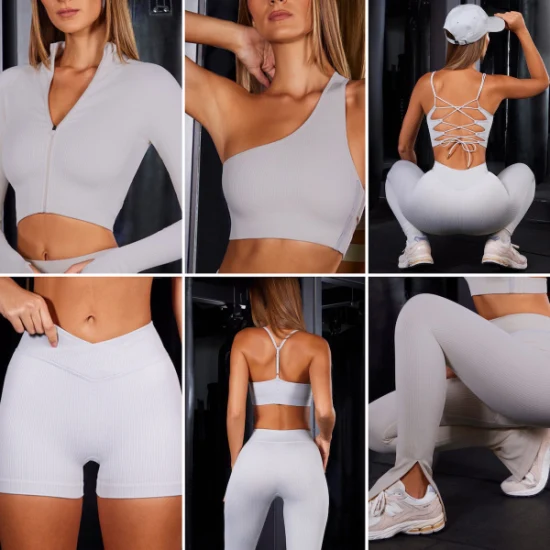Nova listagem 7 pçs conjuntos de roupas esportivas sexy com nervuras para ioga para mulheres, logotipo personalizado para mulheres sem costura lazer roupas esportivas treino roupas de ginástica